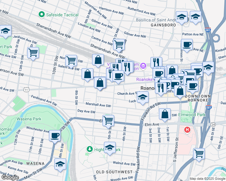 map of restaurants, bars, coffee shops, grocery stores, and more near 501 Church Avenue Southwest in Roanoke