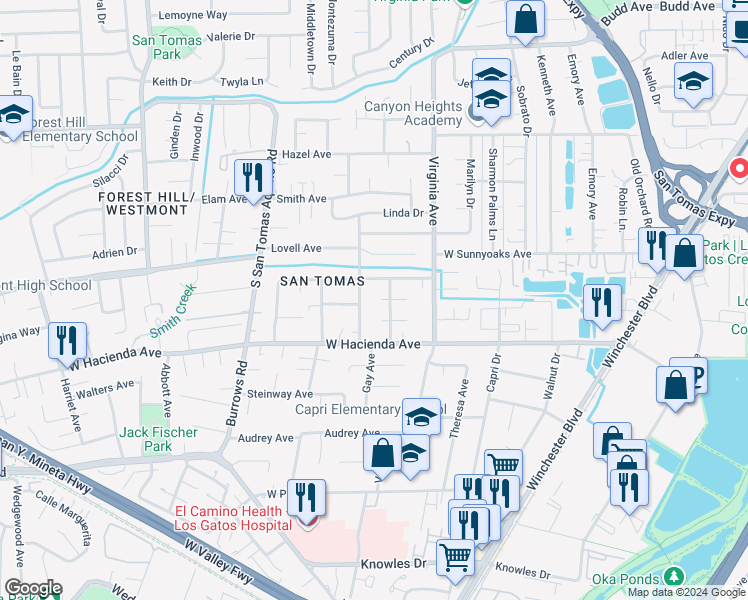map of restaurants, bars, coffee shops, grocery stores, and more near 958 La Plata Plaza in Campbell