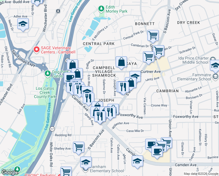 map of restaurants, bars, coffee shops, grocery stores, and more near 2250 Tomasina Court in Campbell