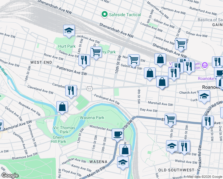 map of restaurants, bars, coffee shops, grocery stores, and more near 509 10th Street in Roanoke