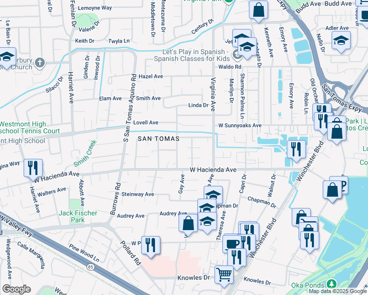 map of restaurants, bars, coffee shops, grocery stores, and more near 958 La Plata Plaza in Campbell