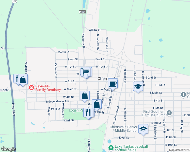 map of restaurants, bars, coffee shops, grocery stores, and more near 301-399 W 2nd St in Cherryvale