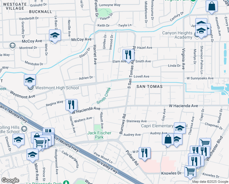 map of restaurants, bars, coffee shops, grocery stores, and more near 1374 Munro Avenue in Campbell