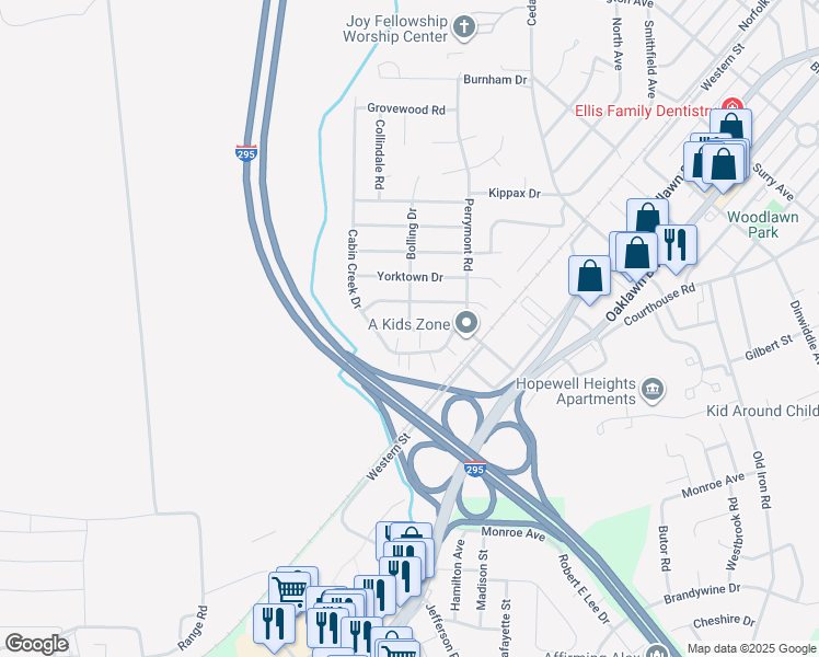 map of restaurants, bars, coffee shops, grocery stores, and more near 4001 Amery Court in Hopewell