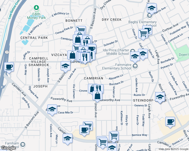 map of restaurants, bars, coffee shops, grocery stores, and more near 2830 Union Avenue in San Jose