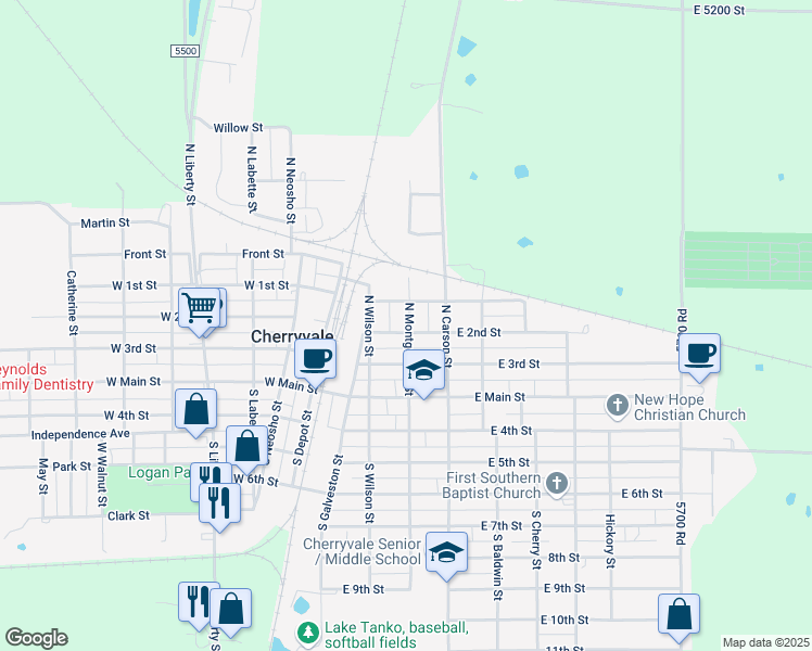 map of restaurants, bars, coffee shops, grocery stores, and more near 350 East 2nd Street in Cherryvale