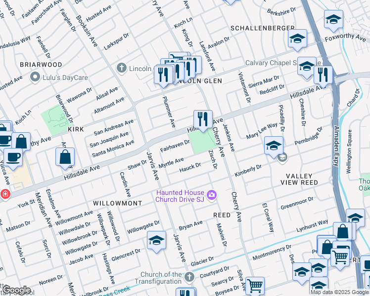 map of restaurants, bars, coffee shops, grocery stores, and more near 1456 Lupine Court in San Jose