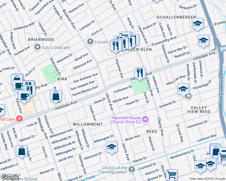 map of restaurants, bars, coffee shops, grocery stores, and more near 1485 Fairhaven Drive in San Jose