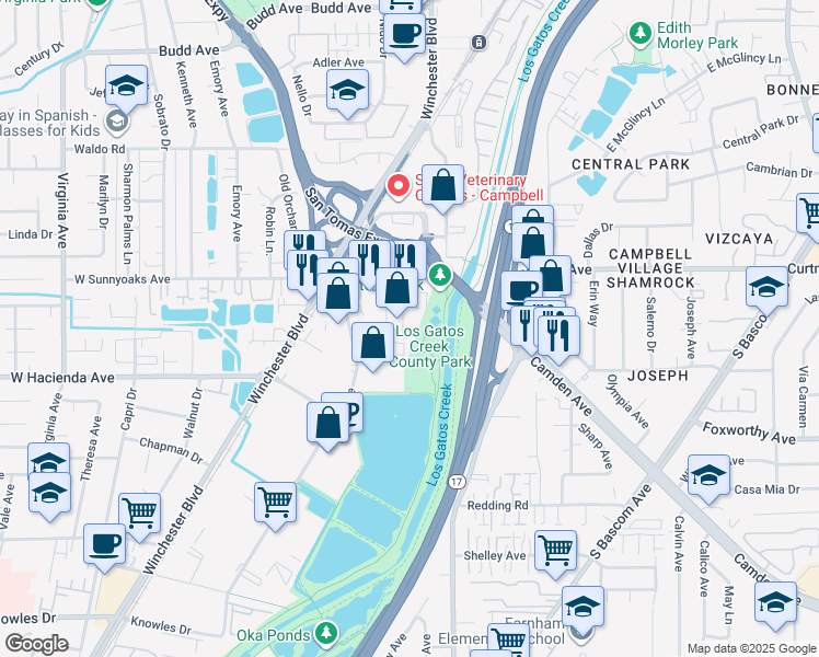 map of restaurants, bars, coffee shops, grocery stores, and more near 1090 Florence Way in Campbell