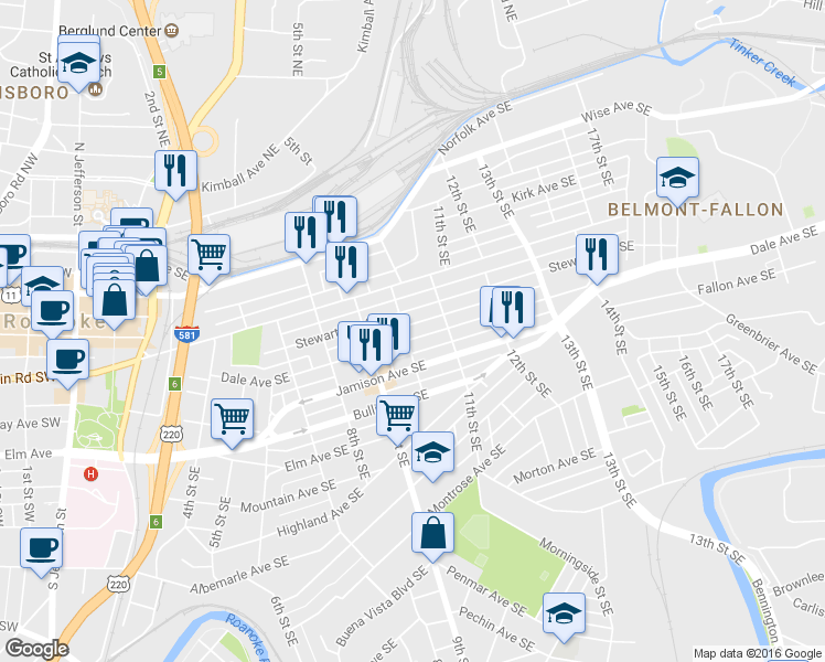 map of restaurants, bars, coffee shops, grocery stores, and more near 1004 Dale Avenue Southeast in Roanoke