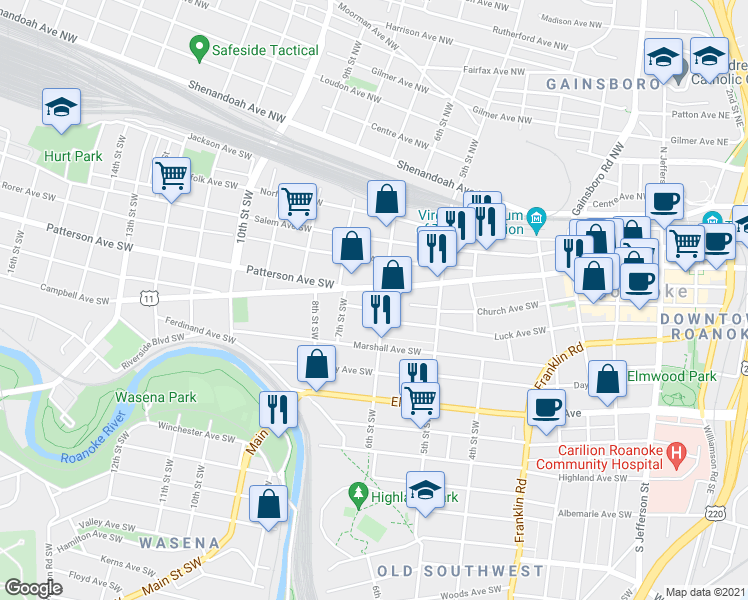 map of restaurants, bars, coffee shops, grocery stores, and more near 608 Campbell Avenue Southwest in Roanoke