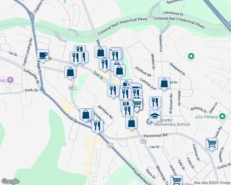 map of restaurants, bars, coffee shops, grocery stores, and more near 536 Merrimac Trail in Williamsburg