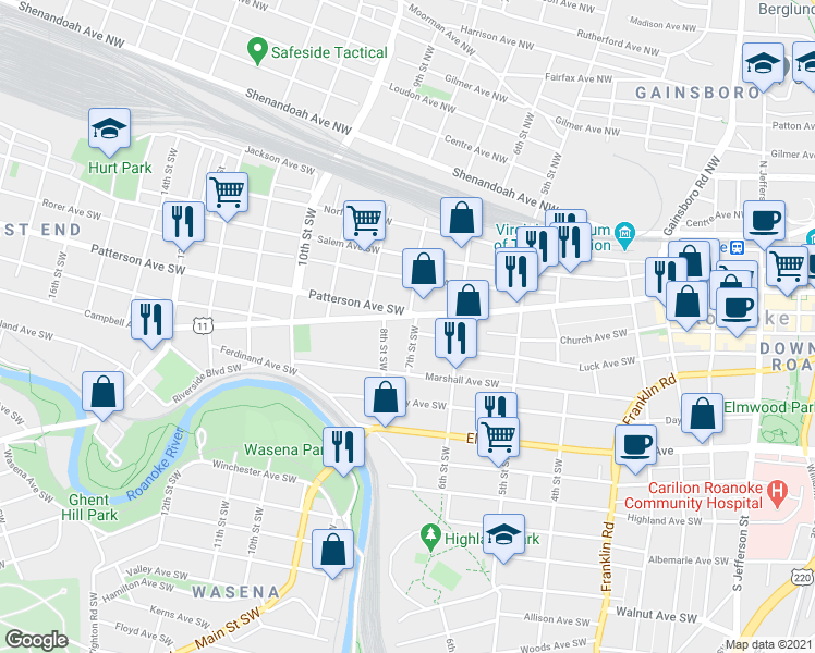 map of restaurants, bars, coffee shops, grocery stores, and more near 706 Campbell Avenue Southwest in Roanoke