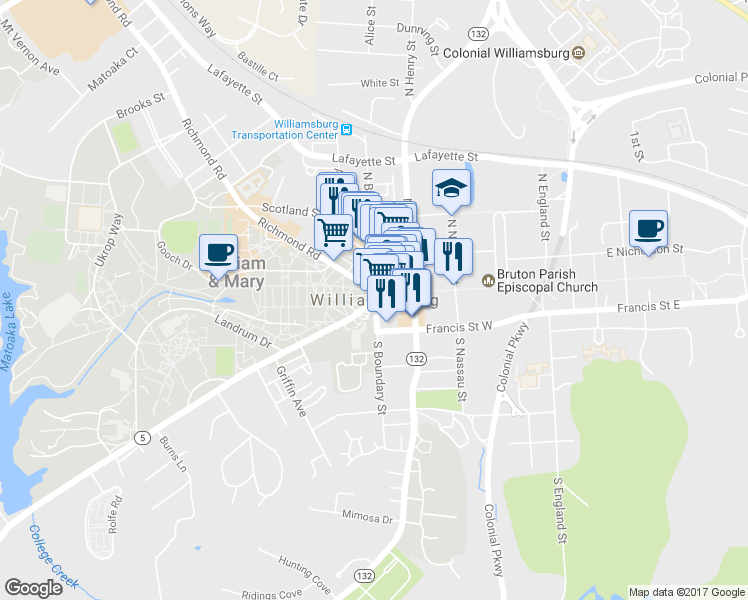 map of restaurants, bars, coffee shops, grocery stores, and more near  in Williamsburg