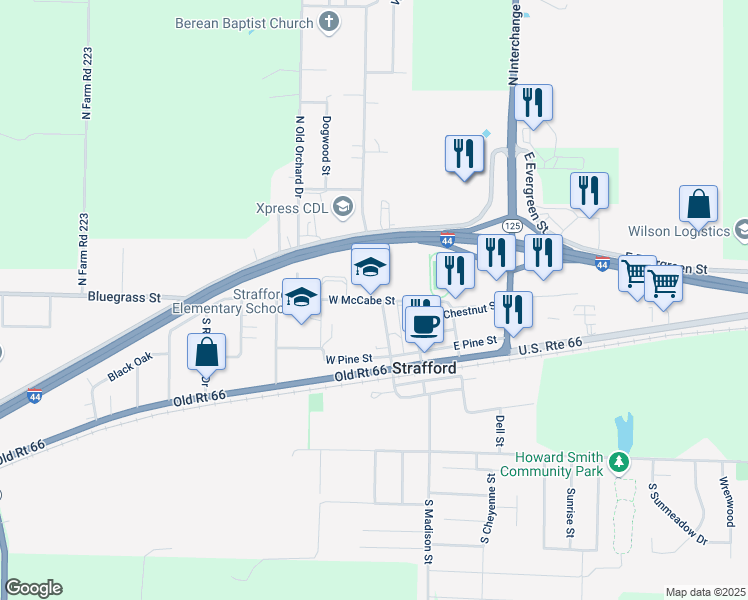 map of restaurants, bars, coffee shops, grocery stores, and more near 213 West McCabe Street in Strafford