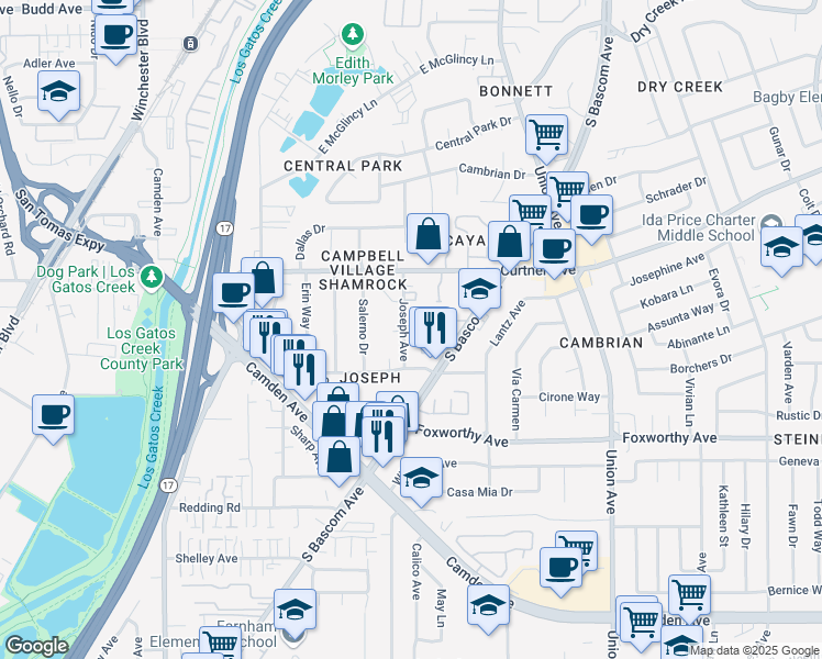 map of restaurants, bars, coffee shops, grocery stores, and more near 2842 Joseph Avenue in Campbell
