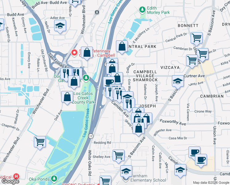 map of restaurants, bars, coffee shops, grocery stores, and more near 1137 Shamrock Drive in Campbell