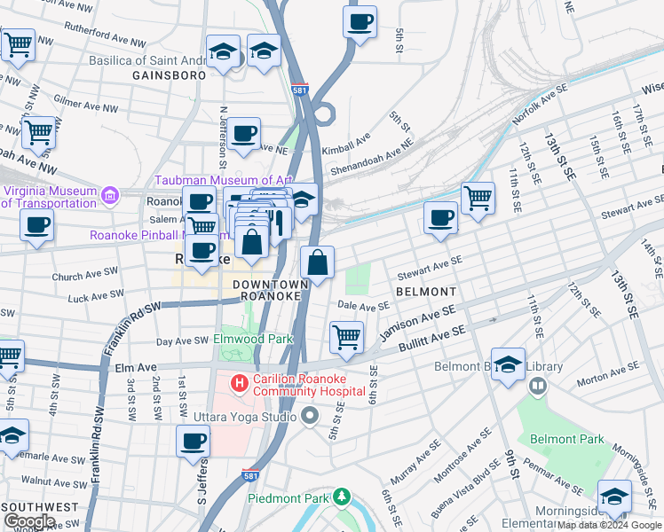 map of restaurants, bars, coffee shops, grocery stores, and more near 330 Tazewell Avenue Southeast in Roanoke