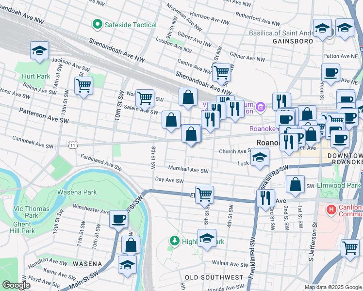 map of restaurants, bars, coffee shops, grocery stores, and more near 608 Campbell Avenue Southwest in Roanoke