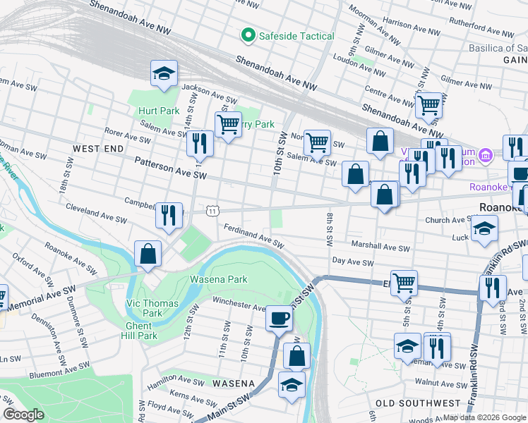 map of restaurants, bars, coffee shops, grocery stores, and more near 509 10th Street in Roanoke