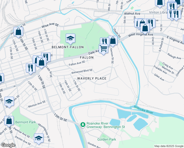 map of restaurants, bars, coffee shops, grocery stores, and more near 1913 Kenwood Blvd SE in Roanoke
