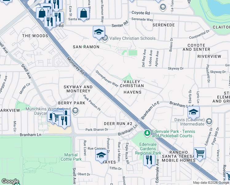 map of restaurants, bars, coffee shops, grocery stores, and more near 5 Valleyhaven Way in San Jose