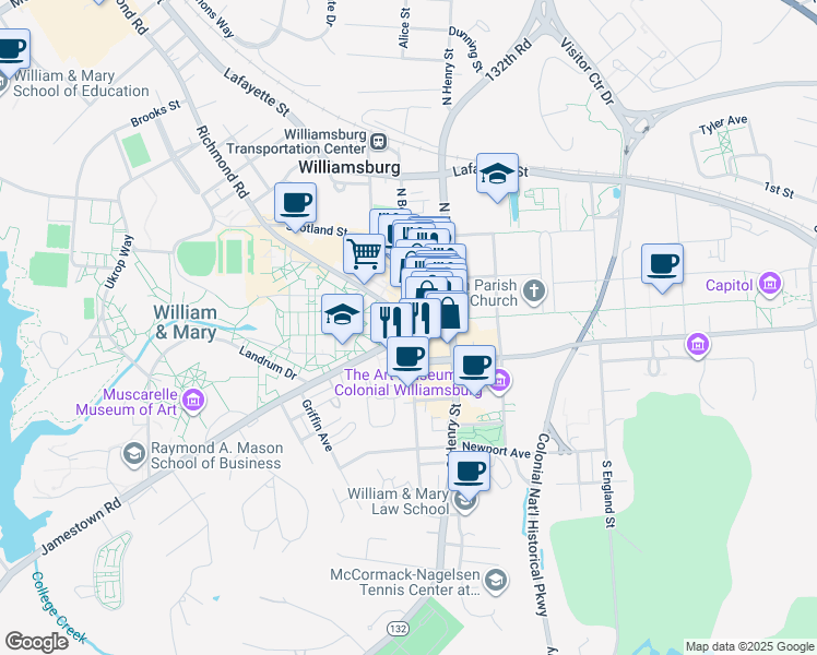 map of restaurants, bars, coffee shops, grocery stores, and more near 101-135 Jamestown Rd in Williamsburg