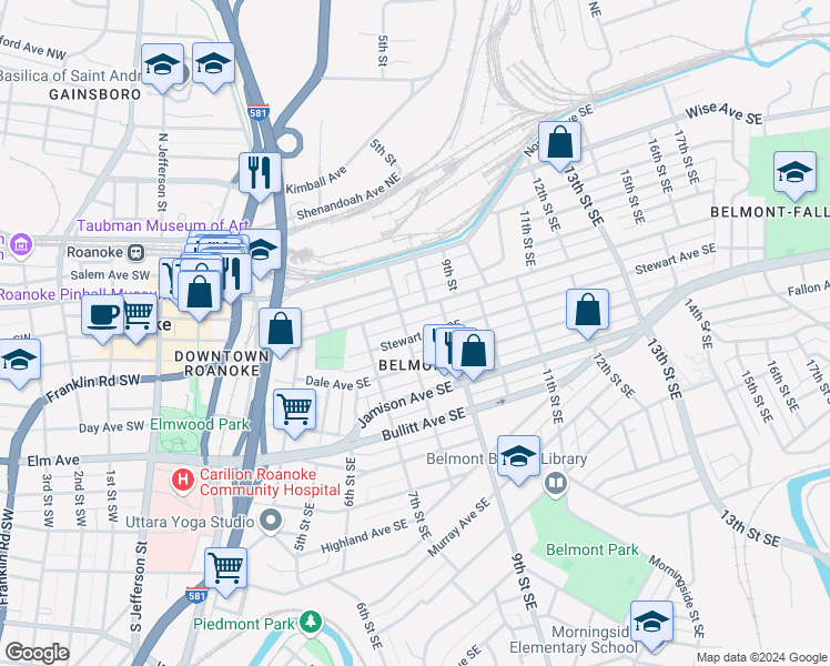 map of restaurants, bars, coffee shops, grocery stores, and more near 806 Stewart Avenue Southeast in Roanoke