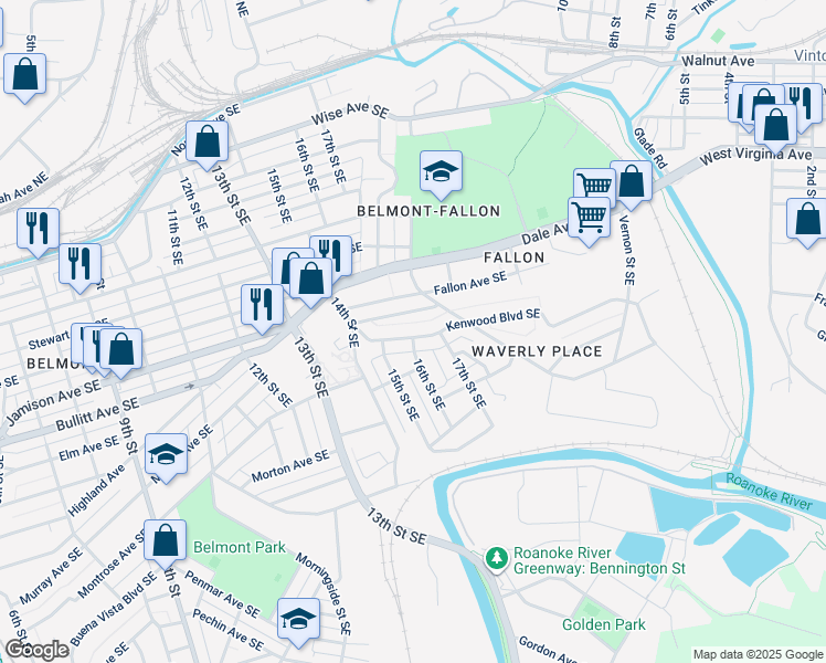 map of restaurants, bars, coffee shops, grocery stores, and more near 1602 Kenwood Boulevard Southeast in Roanoke