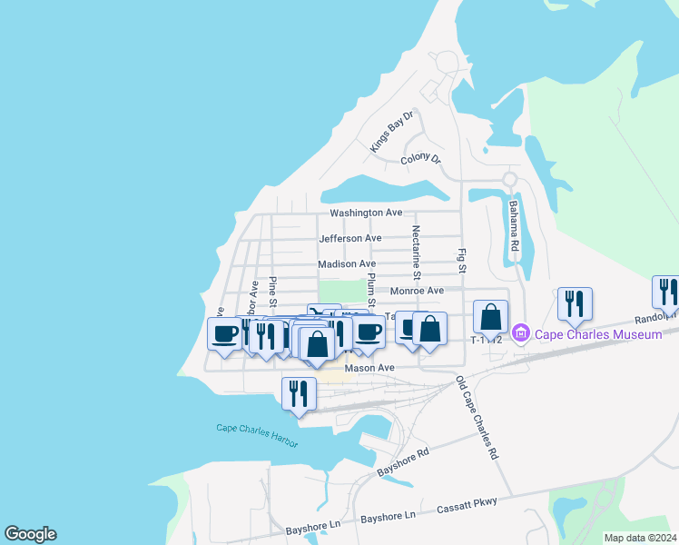 map of restaurants, bars, coffee shops, grocery stores, and more near 11 Park Row in Cape Charles