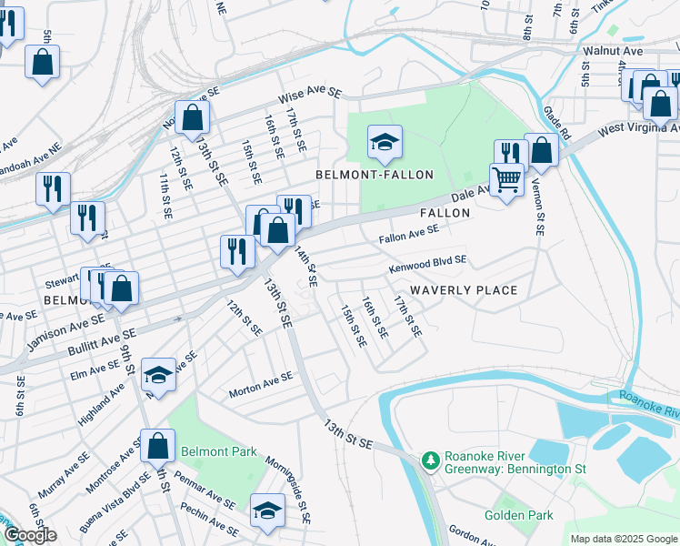 map of restaurants, bars, coffee shops, grocery stores, and more near 1502 Kenwood Boulevard Southeast in Roanoke