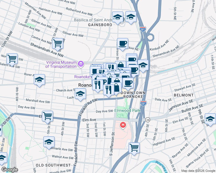 map of restaurants, bars, coffee shops, grocery stores, and more near in Roanoke