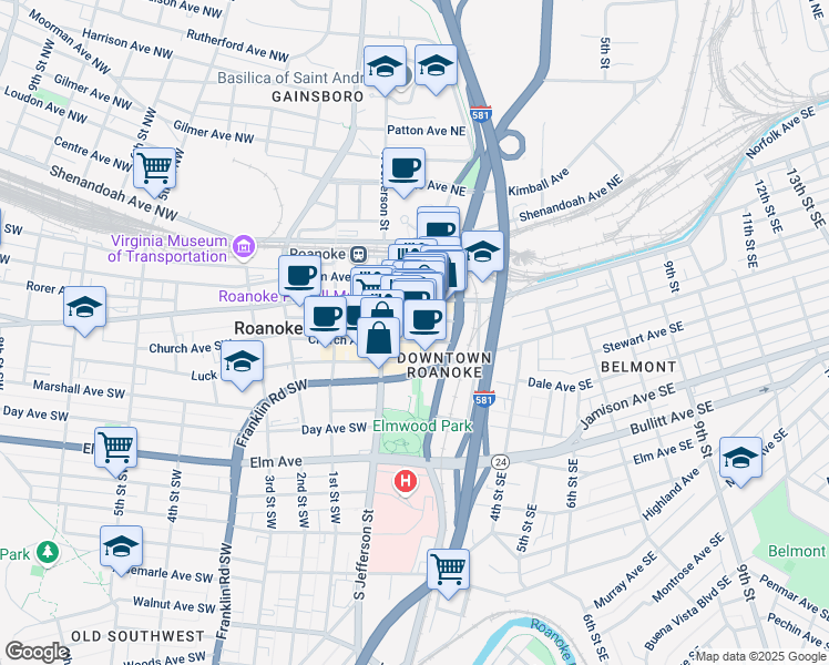 map of restaurants, bars, coffee shops, grocery stores, and more near in Roanoke