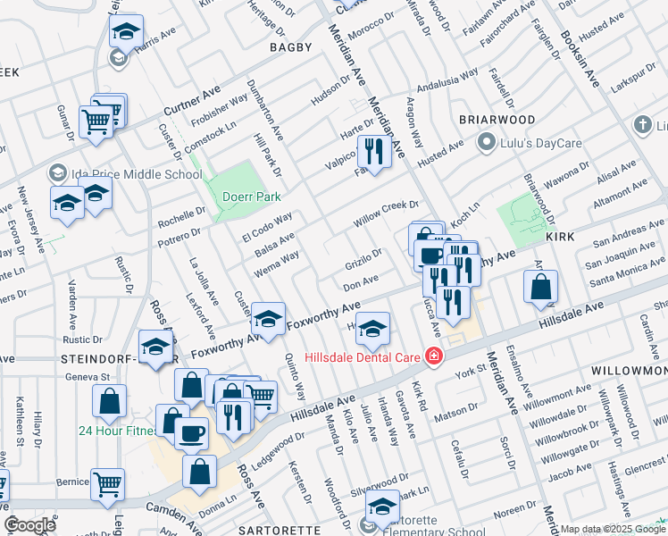 map of restaurants, bars, coffee shops, grocery stores, and more near 1725 Grizilo Drive in San Jose