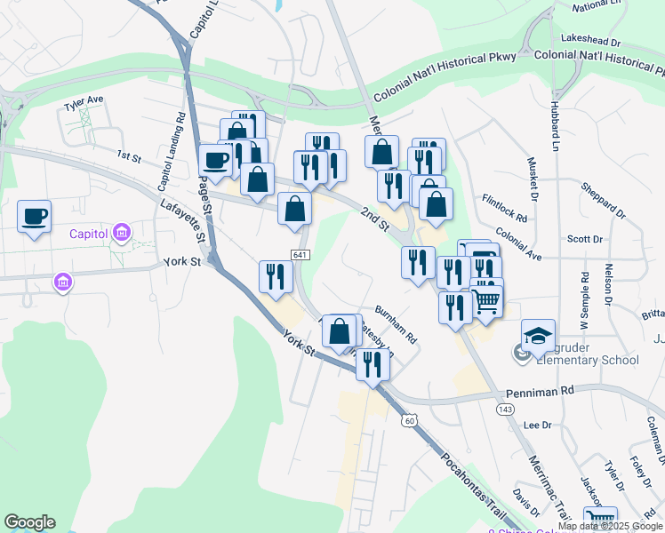 map of restaurants, bars, coffee shops, grocery stores, and more near 471 Catesby Lane in Williamsburg