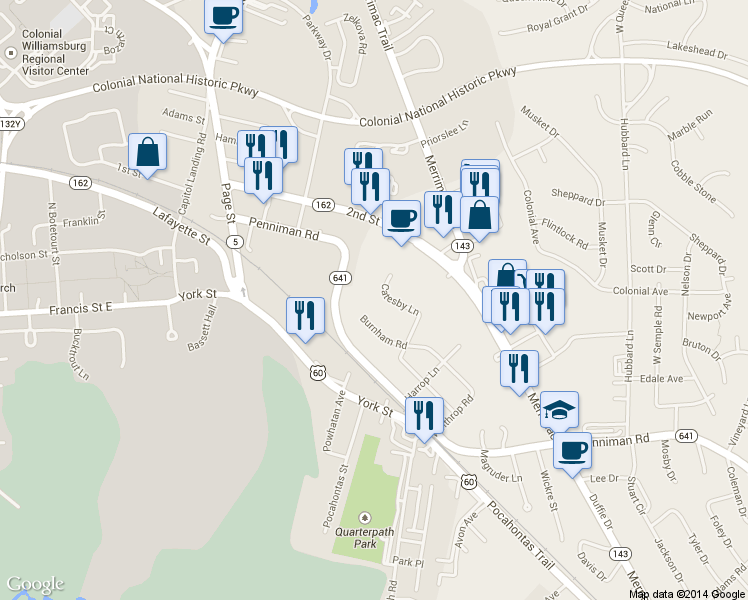map of restaurants, bars, coffee shops, grocery stores, and more near 471 Catesby Lane in Williamsburg