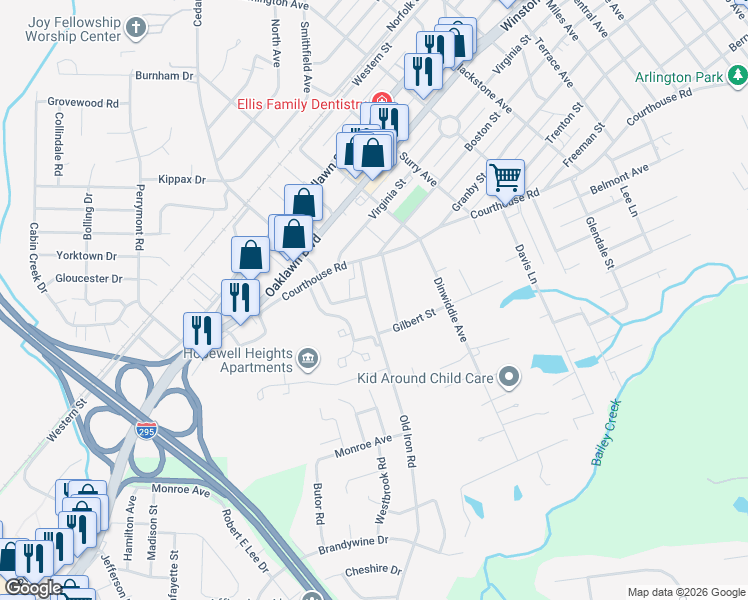 map of restaurants, bars, coffee shops, grocery stores, and more near 1403 Old Iron Road in Hopewell