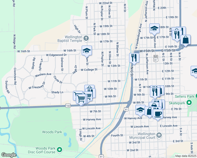 map of restaurants, bars, coffee shops, grocery stores, and more near 600 North Poplar Street in Wellington