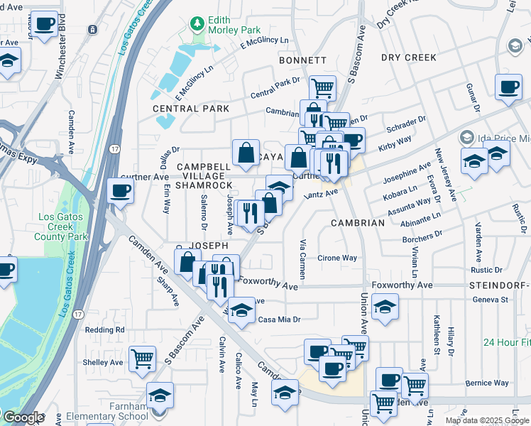 map of restaurants, bars, coffee shops, grocery stores, and more near 2857 South Bascom Avenue in San Jose