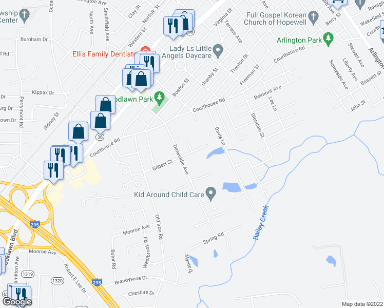 map of restaurants, bars, coffee shops, grocery stores, and more near 3530 Gilbert Street in Hopewell