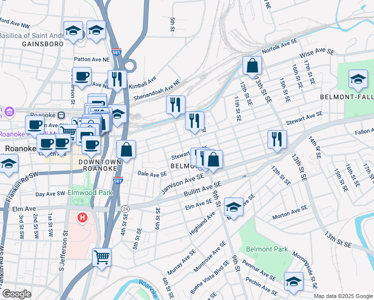 map of restaurants, bars, coffee shops, grocery stores, and more near 819 Stewart Avenue Southeast in Roanoke