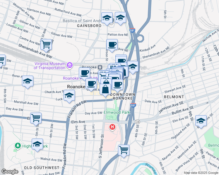 map of restaurants, bars, coffee shops, grocery stores, and more near in Roanoke