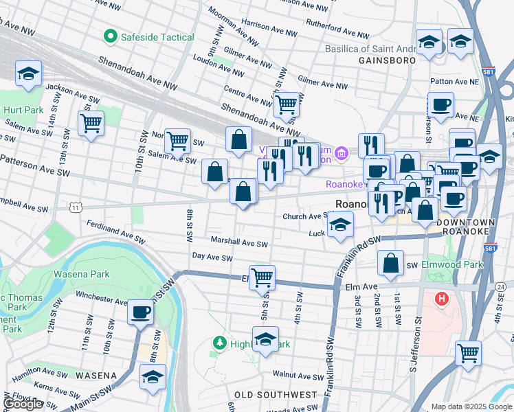 map of restaurants, bars, coffee shops, grocery stores, and more near 541 Luck Avenue Southwest in Roanoke