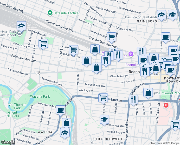 map of restaurants, bars, coffee shops, grocery stores, and more near 608 Campbell Avenue Southwest in Roanoke