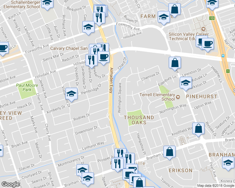 map of restaurants, bars, coffee shops, grocery stores, and more near 3825 Wellington Square in San Jose