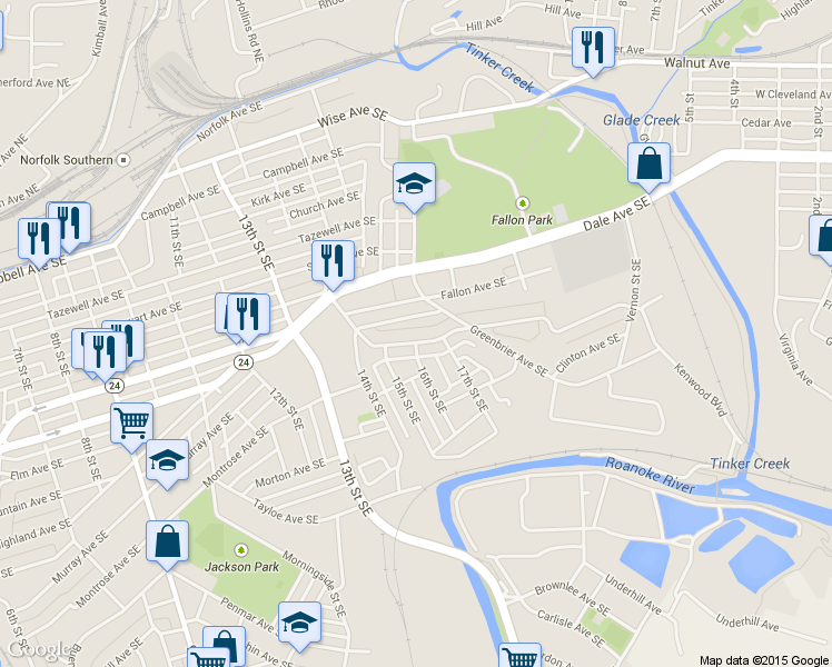 map of restaurants, bars, coffee shops, grocery stores, and more near 1602 Kenwood Boulevard Southeast in Roanoke