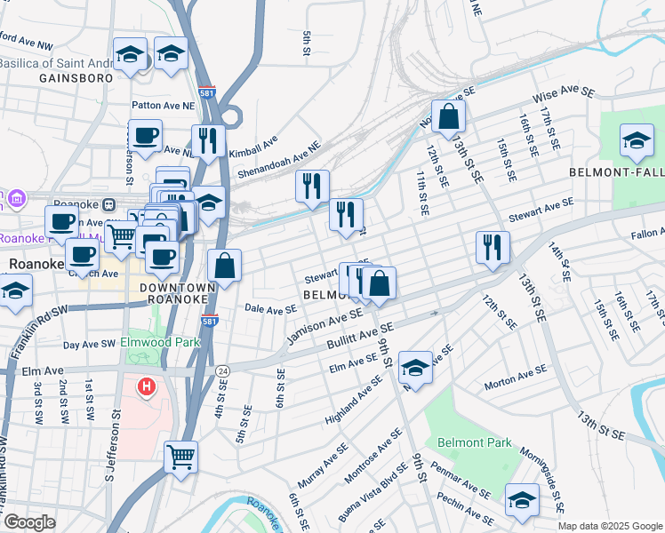 map of restaurants, bars, coffee shops, grocery stores, and more near 806 Stewart Avenue Southeast in Roanoke