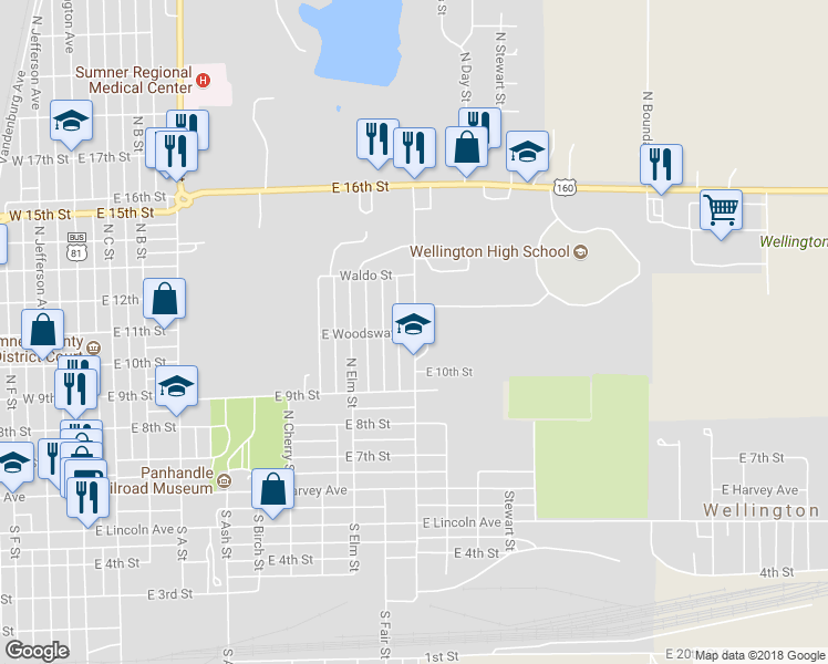map of restaurants, bars, coffee shops, grocery stores, and more near 556 North Woodlawn Street in Wellington