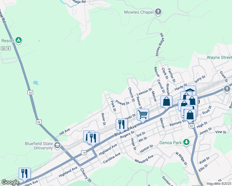 map of restaurants, bars, coffee shops, grocery stores, and more near 421 Exitor St in Bluefield