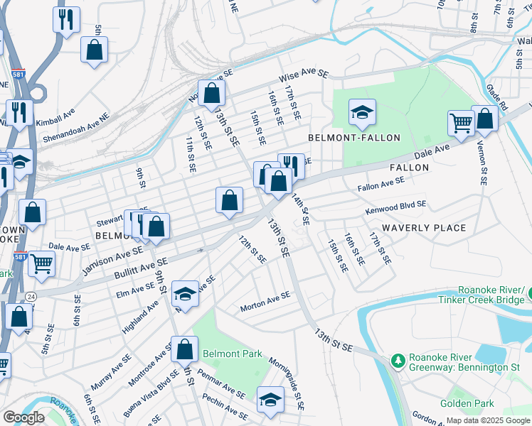 map of restaurants, bars, coffee shops, grocery stores, and more near 1031 Highland Avenue Southeast in Roanoke